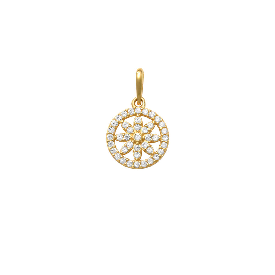 9k YG Circle Pendant Flower design in centre set with CZ's 10mm