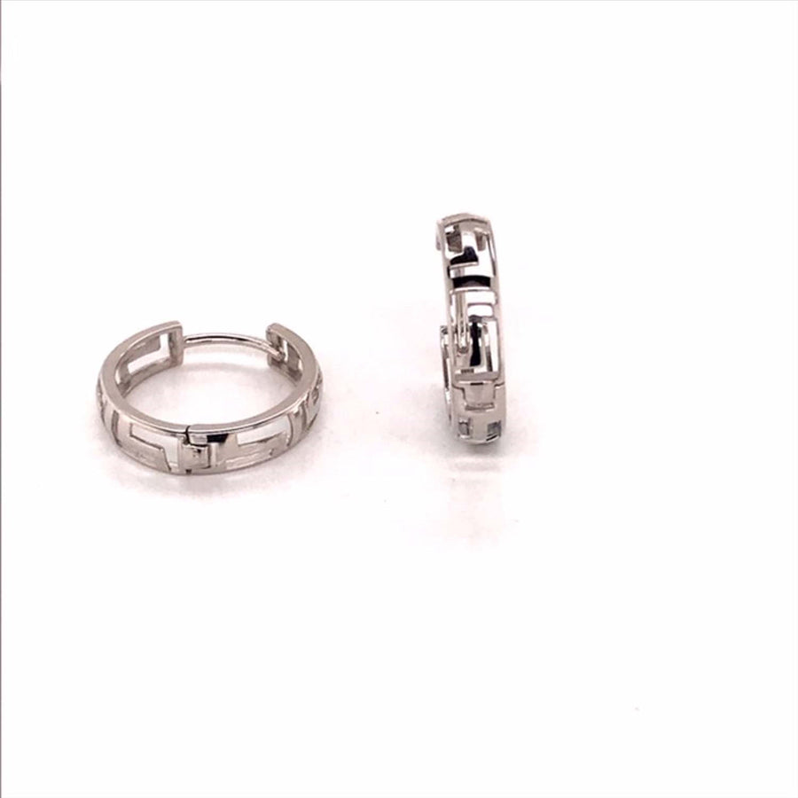 9k WG Round Huggie Earrings 13mm Diameter. Greek Key Cut Design. 4mm Wide