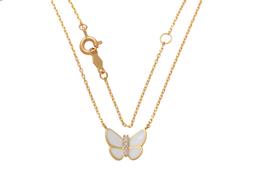 9k YG White Epoxy CZ Butterfly (8.9mm x 12.4mm) with Oval Link Chain 45cm with O-Ring at 42cm