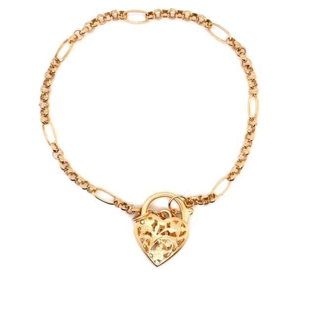 9k YG Italian Solid 1 x 9 Oval & Round Belcher Bracelet 3.8mm wide 19.5cm With safety chain & filigree padlock. Approx 7.0g