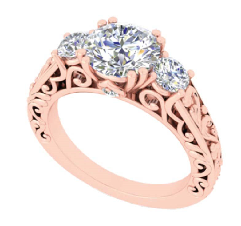 "Meredith" 9k RG 7mm (1.2ct) CZ Triology Ring with filigree band. Peekaboo stones under bezel. Size Q