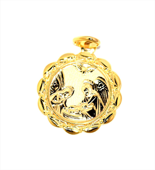 9k YG Italian Solid Round Scalloped Edged Baptism Medallion Pendant . 17mm