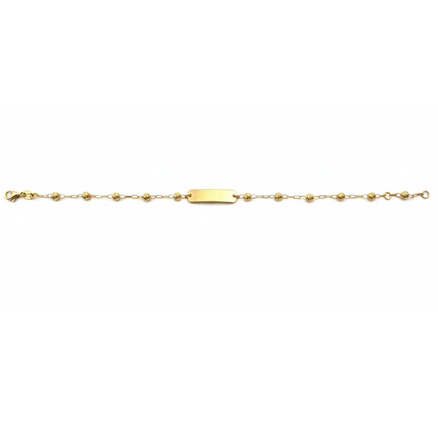 9k YG 3mm Faceted Ball (1cm spacing) Paperclip ID Bracelet 1.1 x 2.4mm wide. ID Plate Measures 20x5mm. 17cm. Approx 1.55g