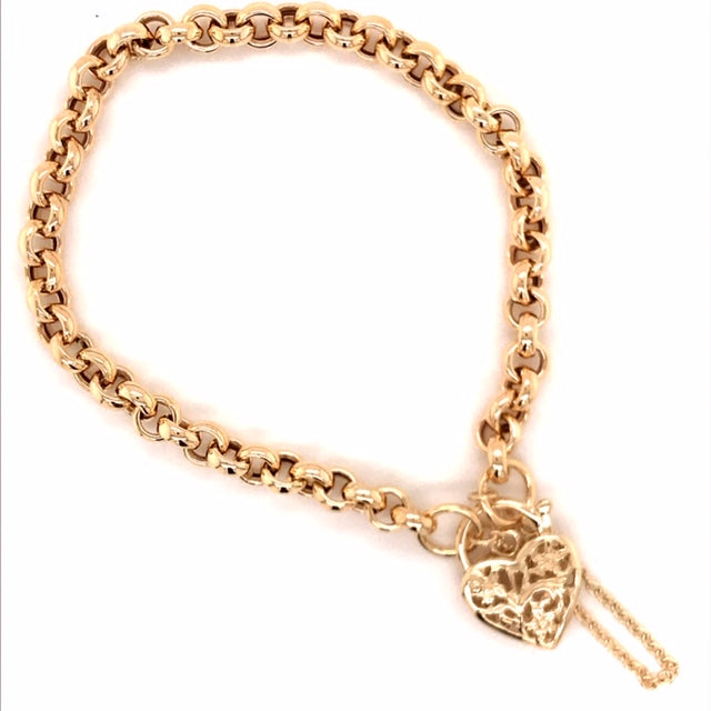 9k YG Hollow Belcher Bracelet 5.5mm wide 19cm . with Safety-Chain & Filigree Padlock