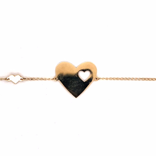 9k YG Oval Link Bracelet 1mm Wide 19cm O-Ring at 17cm & 18cm . With Heart Meas. 16x17mm