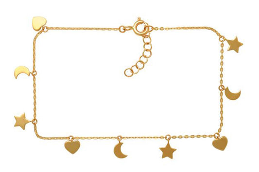 9k YG Star, Moon & Heart Charm Oval Link Anklet 25cm incl. 2cm adjustable links