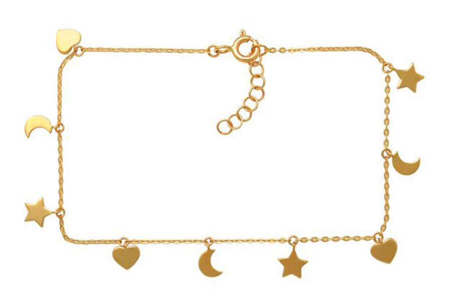 9k YG Star, Moon & Heart Charm Oval Link Anklet 25cm incl. 2cm adjustable links