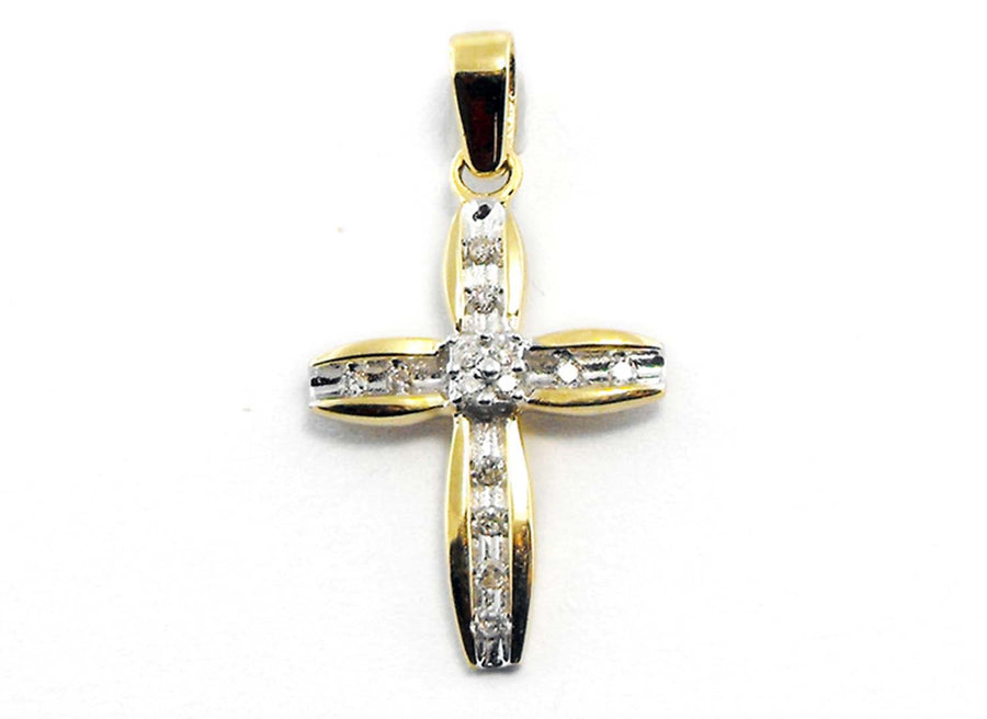 9k YG Diamond Cross Pendant 14D=0.114ct. Claw & Channel Set . Meas. 20mm x 15mm