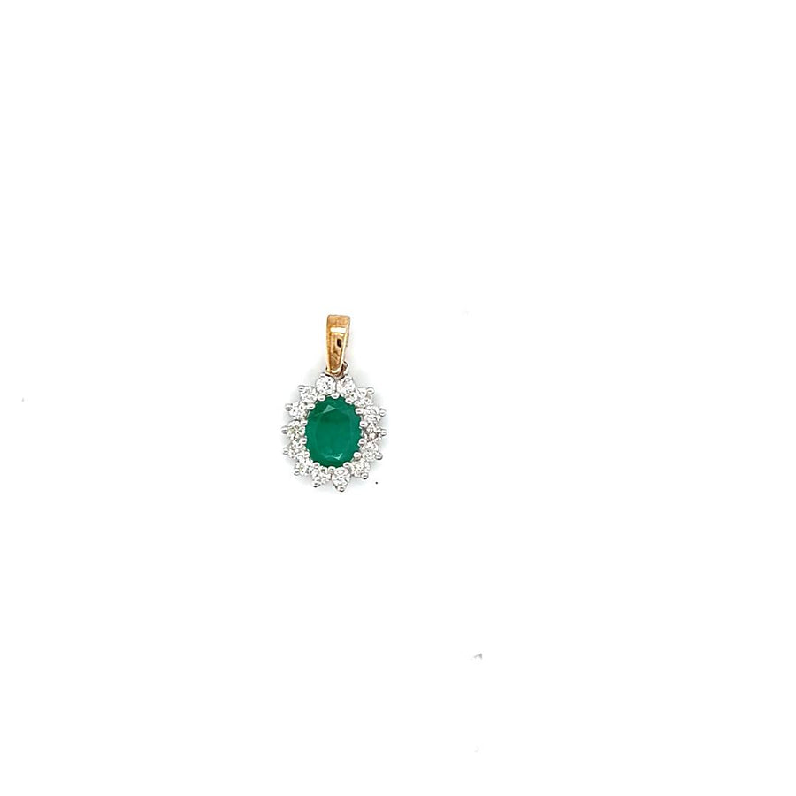 9k 2T Diamond & Natural Oval Emerald Pendant 14D = 0.50ct & 1Em (6x8mm)=Approx 1.10ct. Claw Set . Meas. 13mm x 11.5mm