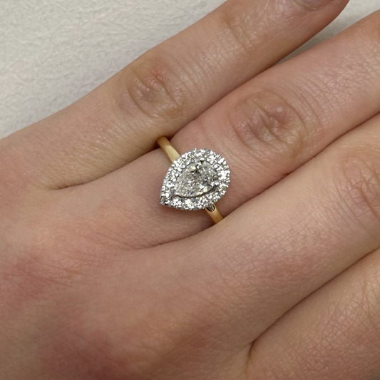 18k Yellow Gold band with 18K White Gold Diamond Halo Setting Ring Set to suit a Pear Shape Diamond 7.38 - 4.88 * 3.16=0.7ct. Size P.