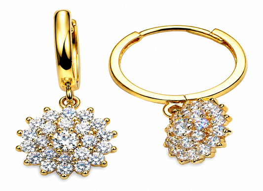 9k YG CZ Flower Drop Huggie Earrings