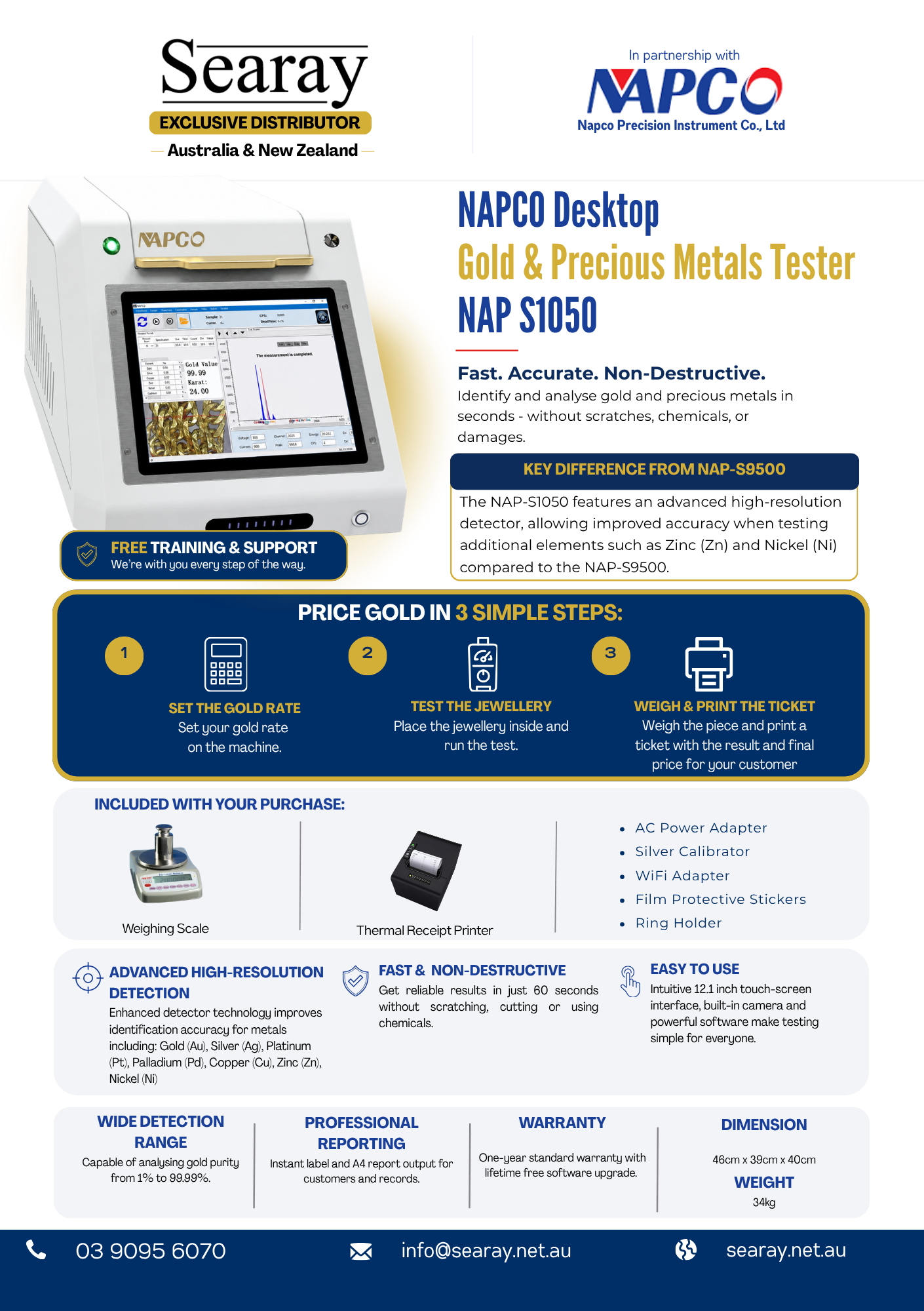 Advertisement for NAPCO Desktop Gold & Precious Metals Tester with Searay branding.