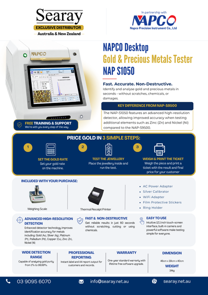 Advertisement for NAPCO Desktop Gold & Precious Metals Tester with Searay branding.