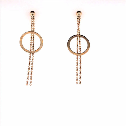 9k YG Drop Circle with Ball Chain Drop Stud Earrings Meas. 12mm