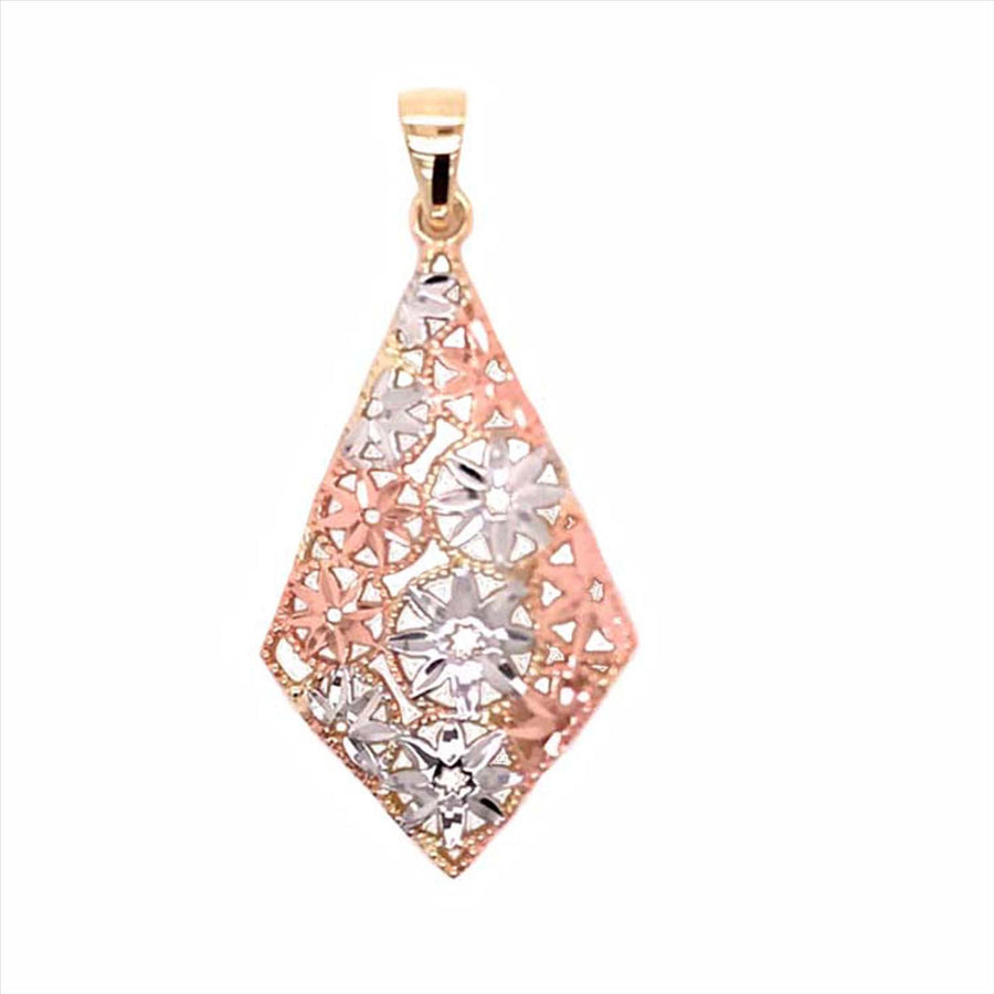 9k 3T Diamond Shape Pendant with Diamond Cut Flowers 29mm x 17mm