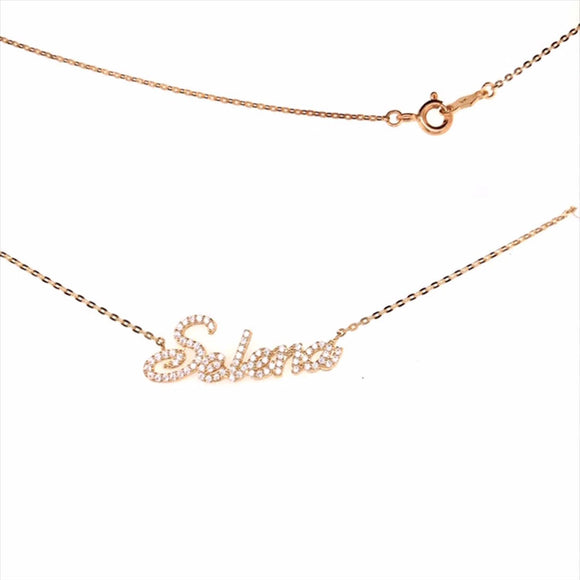 YG Oval Link Chain with Selena CZ Name Pendant