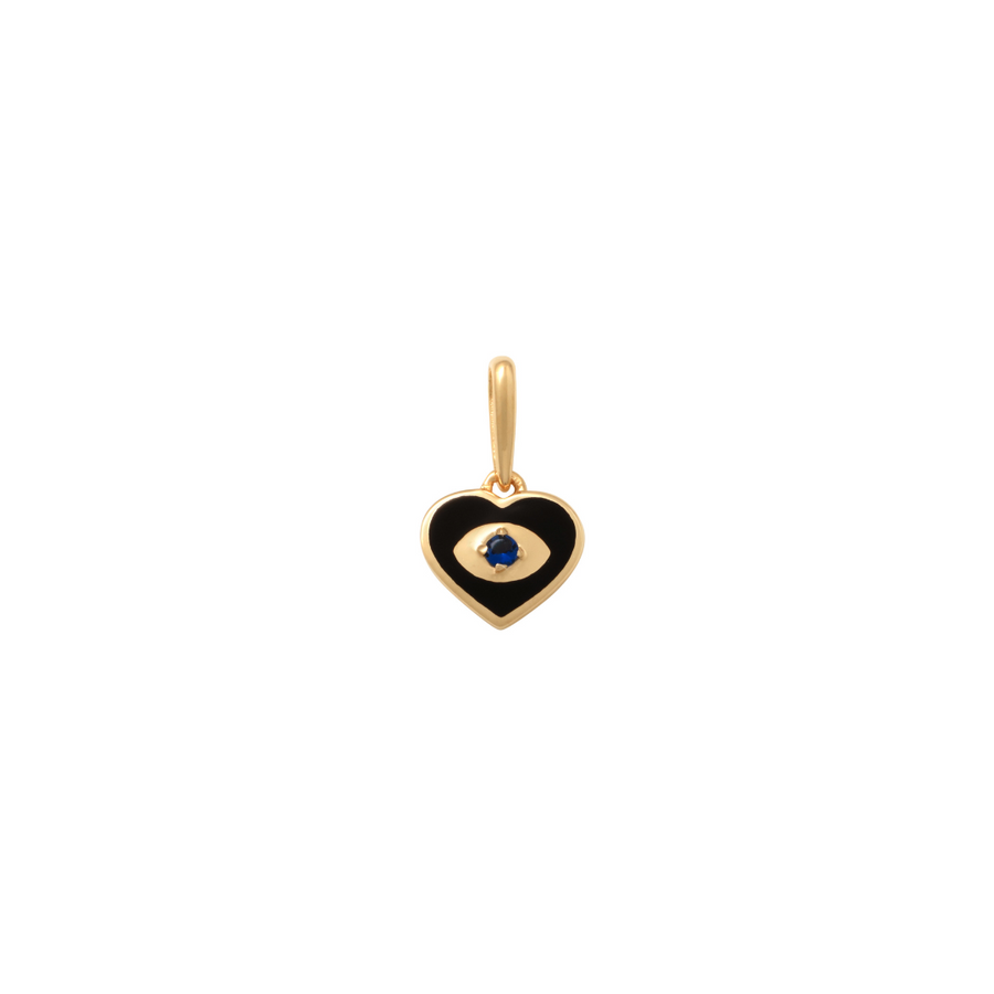 9k YG CZ and Black Enamel Evil Eye Heart  Pendant. 7.2mm