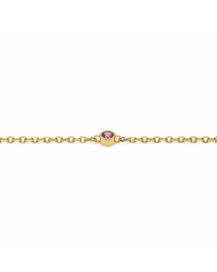 9k YG Solid Oval Link Pink Sapphire Chain 1.4mm Wide 50cm . Bezel Set with 11 Pink Sa = 0.74ct, O-Rings at 47 & 48.5cm.