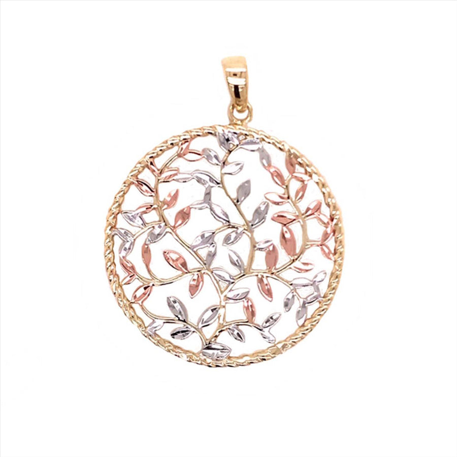 9k 3T Circle Pendant with Diamond Cut Leaves 31mm