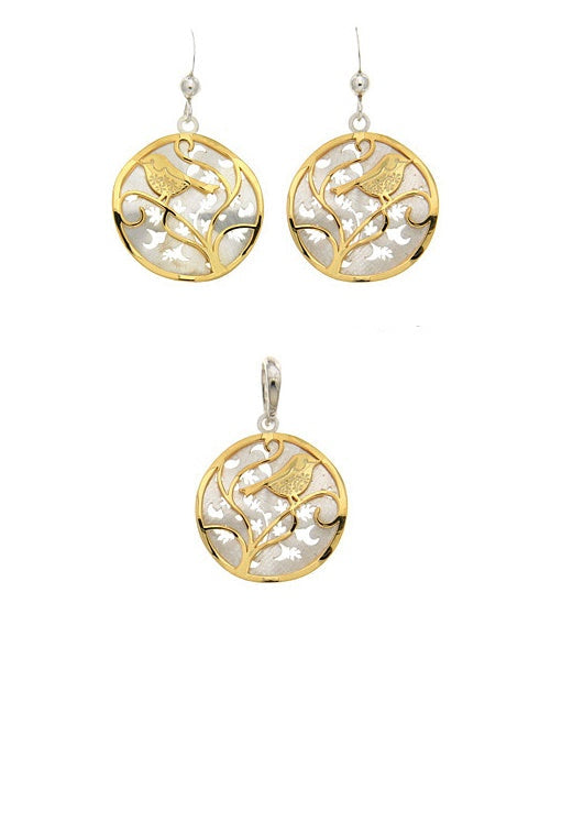 925 2T Laser Cut Circle with Bird on Tree Set. Shepherd Hook Earrings and Pendant 19mm. Italian Belcher (BEL) Chain 1.8mm wide.