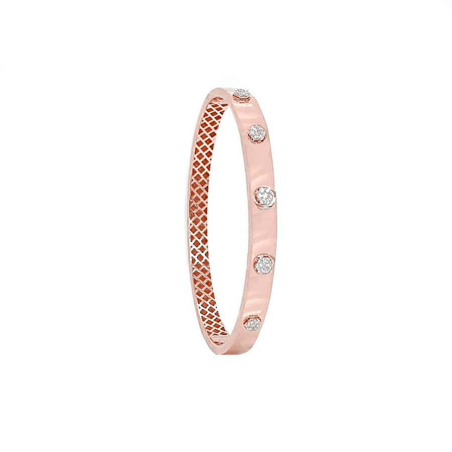 9k RG Hinged Oval Bangle with Diamond Clusters, 35D = 0.28. 5.8mm - 57x49mm   This is an evening piece not suitable for everyday wear.