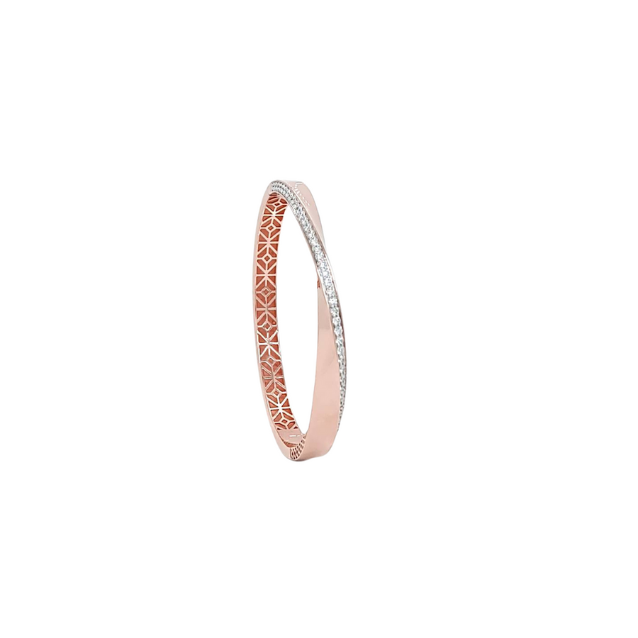 9k RG Hinged Twist Bangle with Diamond Edge, 46D = 0.95ct, SI1 G.  54x47mm