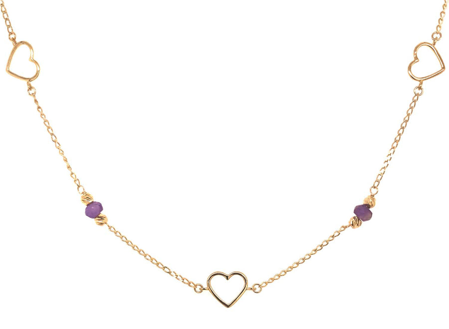 9k YG Heart & Amethyst Pendant with Oval Link & 2.5mm Ball Chain 45cm O-Ring at 43cm & 44cm 1mm Wide . Meas. 7mm