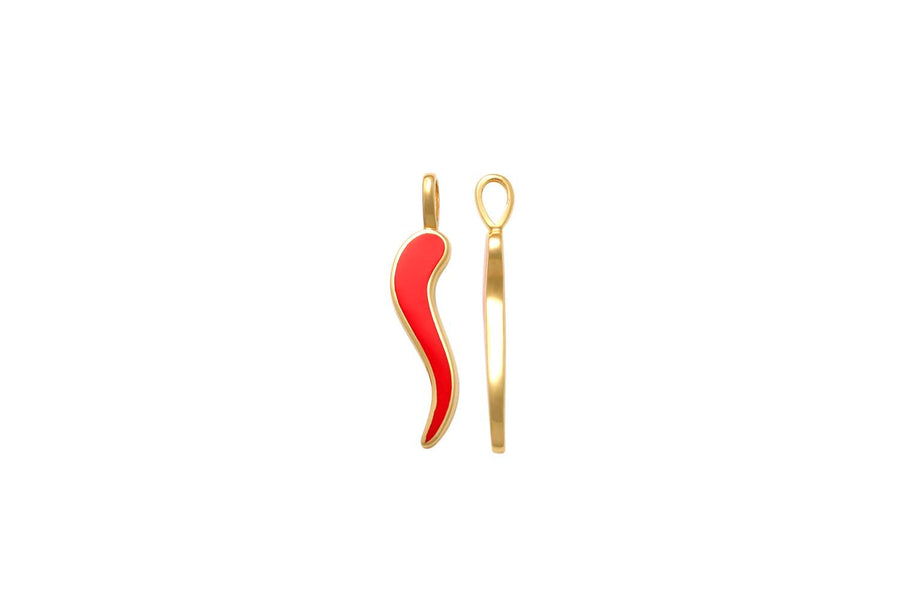 9k YG Red Enamel Corno Horn Pendant 17x5mm