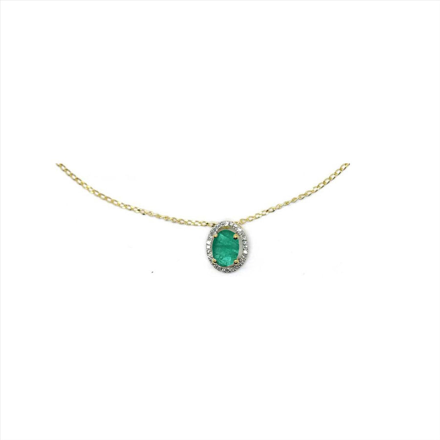 9k YG 7x5mm Oval Natural Emerald & Diamond Pendant 1E=0.75ct & 28D=0.08ct with Oval Link Chain 45cm O-Ring at 43cm & 44cm 1mm Wide . Meas. 9x7mm