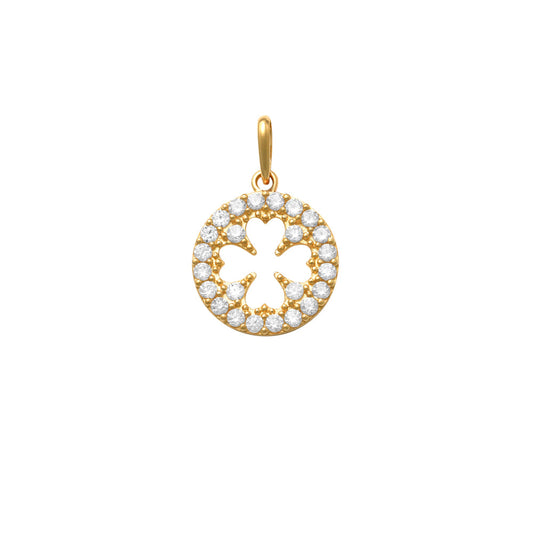 18k YG Circle Pendant 4 Leaf Clover Design in centre set with CZ's 12mm