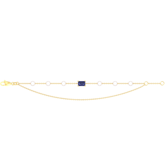 9k YG FWP & Sapphire Bracelet 18cm (15+3cm adjustable links). 6x 4mm Round Pearls & 1 SA(6x4mm)=0.71ct Claw Set.