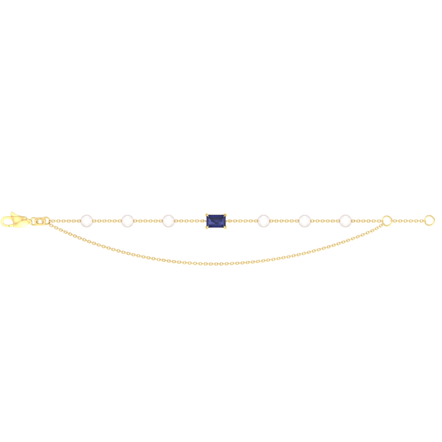 9k YG FWP & Sapphire Bracelet 18cm (15+3cm adjustable links). 6x 4mm Round Pearls & 1 SA(6x4mm)=0.71ct Claw Set.