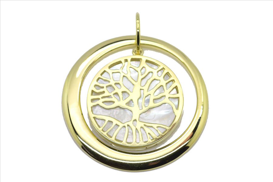 9k YG Solid Tree of Life Mother of Pearl Pendant with Outer Circle . 30mm wide