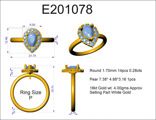 18k Yellow Gold band with 18K White Gold Diamond Halo Setting Ring Set to suit a Pear Shape Diamond 7.38 - 4.88 * 3.16=0.7ct. Size P.