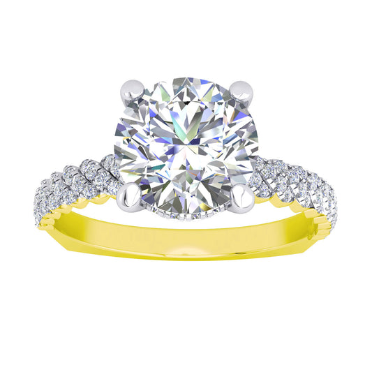 "Audrey" 9k YG 7mm (1.2ct) CZ Solitare Ring with decorative pave setting on square-look band. Stone set under bezel. Size N
