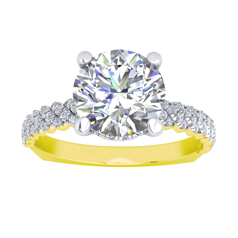 "Audrey" 9k YG 7mm (1.2ct) CZ Solitare Ring with decorative pave setting on square-look band. Stone set under bezel. Size N