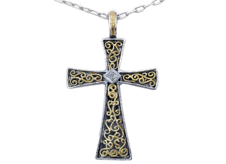 14k & 925 Fancy Cross Pendant  set with Diamonds = 0.04ct   Attached to 925 Oval Link T-Bar Chain.