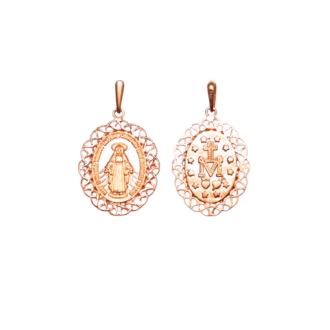9k RG Solid Miraculous Madonna Oval Pendant with Fancy Border 15x20mm