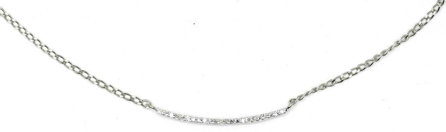 9k WG Curved Bar Diamond Pendant 23D=0.035ct with Oval Link Chain 45cm O-Ring at 43cm & 44cm 1mm wide . Meas. 1x20mm