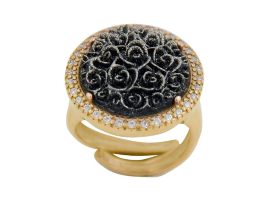 925 Italian Fancy Round  CZ's Adjustable Ring  Black  20mm.