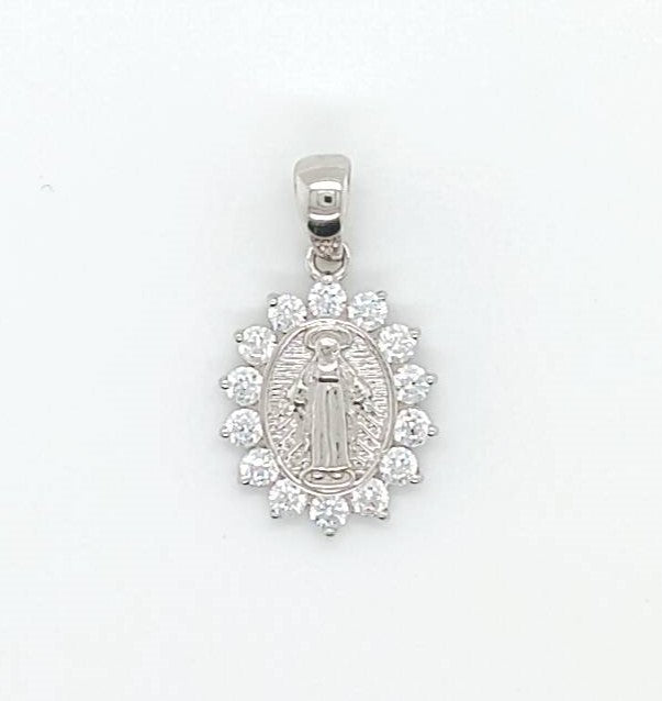 18k WG Solid CZ Flower Pendant with Miraculous Madonna . 11.5x14mm (+7mm bail)