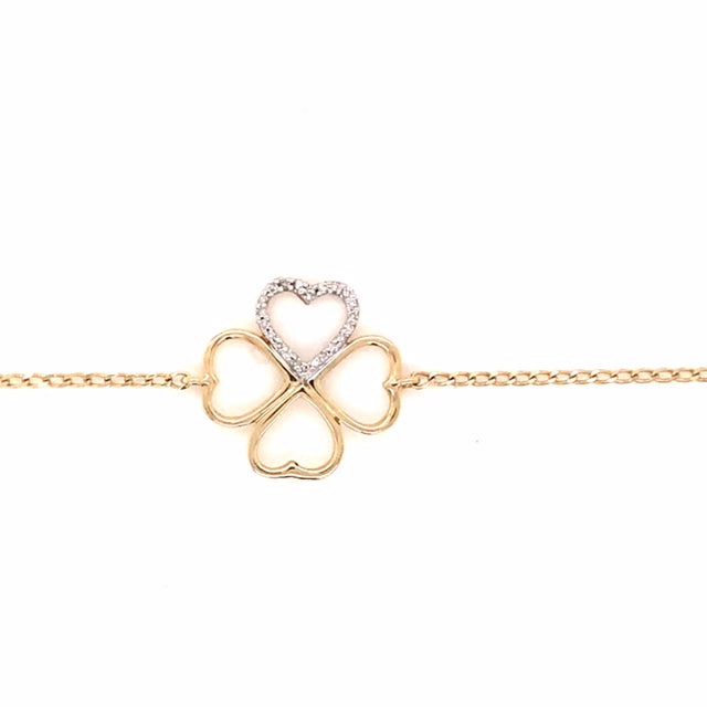 9k YG Oval Link Bracelet 1mm Wide 19cm O-Ring at 17cm & 18cm . With 4 Leaf Clover 22D=0.05ct Meas. 14mm