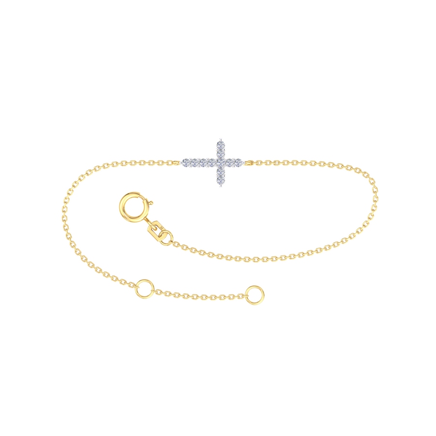 9k YG Oval link Bracelet, 1.4mm wide, with Diamond Cross (11.8x8.8mm). 19cm with Jump ring at 17cm. 11D=0.15ct