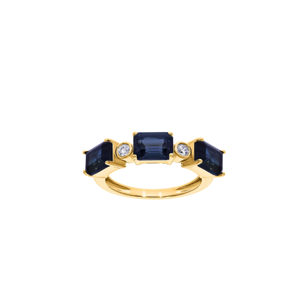 9k YG Trilogy Emerald Cut Blue Topaz Diamond Ring