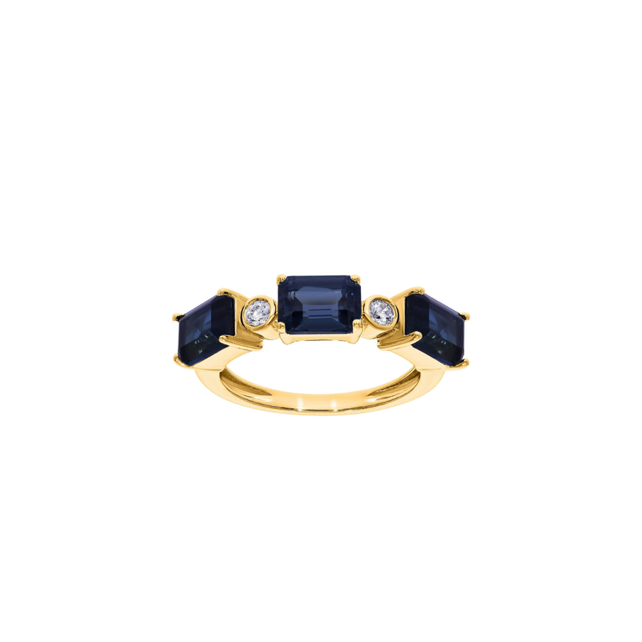9k YG Trilogy Emerald Cut London Blue Topaz and Diamond Ring, 5mm wide, 2D = 0.10ct, 3 7x5mm LBT = 3.51ct. Size M