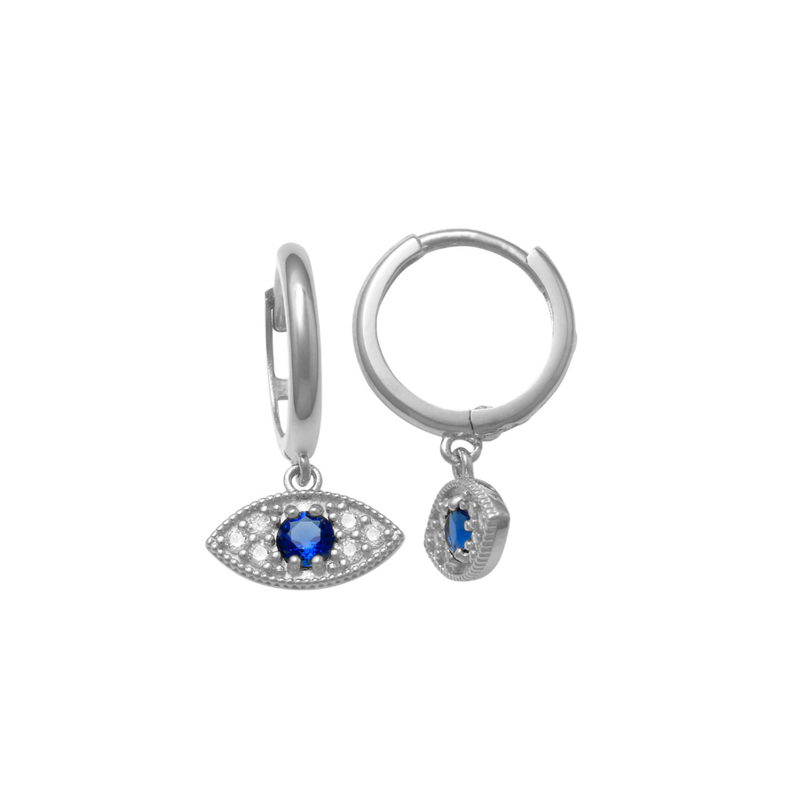 9k WG CZ & Sapphire Drop Eye Round Huggie Earrings 8.5mm Diameter