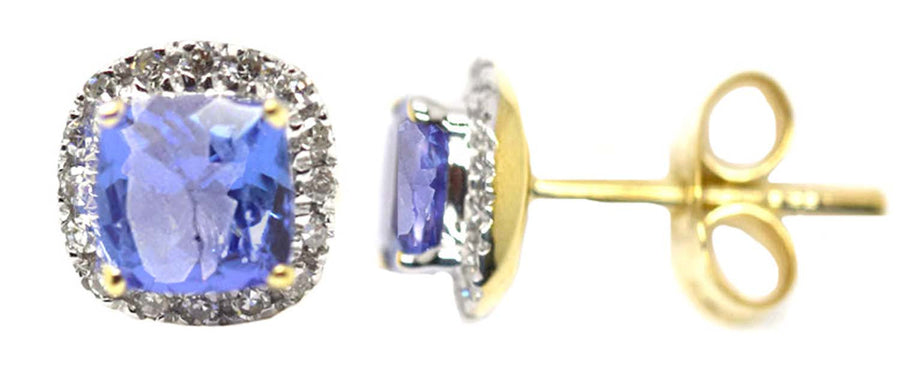 9k YG Diamond & 4x4mm Square Tanzanite Stud Earrings 32D=0.09ct & 2Tanz=Approx 0.75ct Meas. 6mm