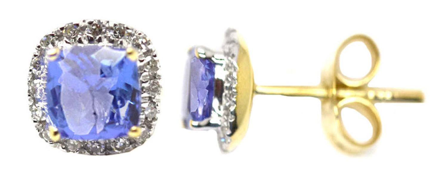 9k YG Diamond & Tanzanite Stud Earrings 32D=0.09ct & 2Tanz=0.75ct