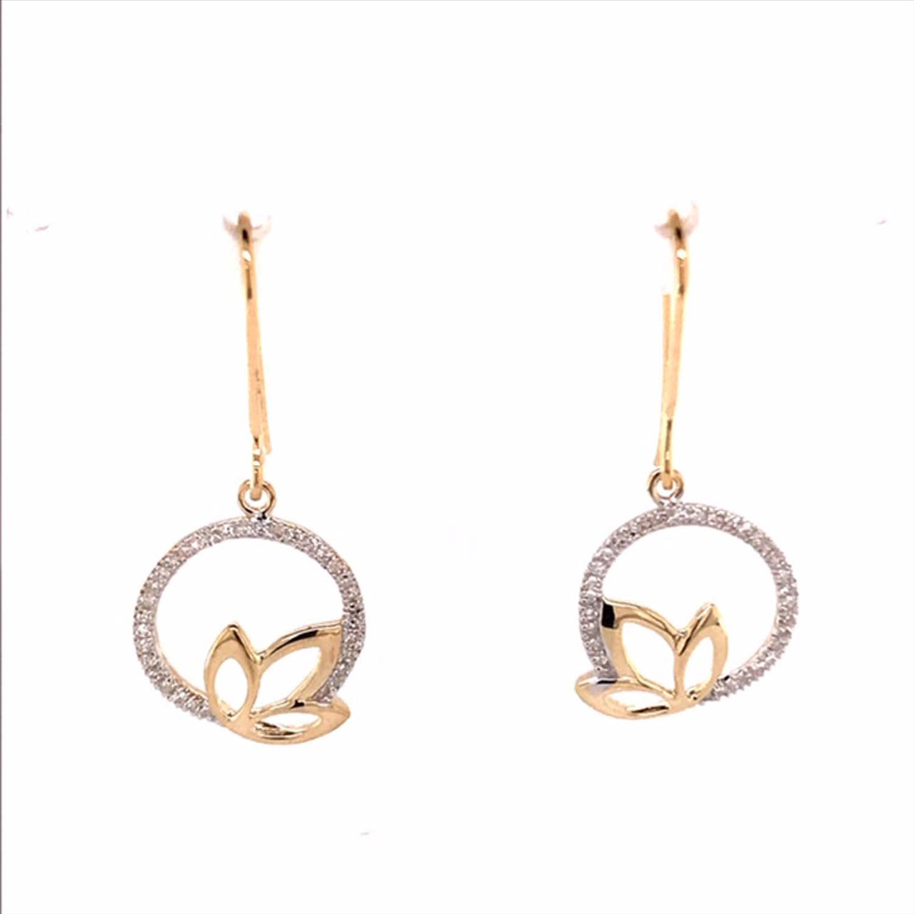 9k YG Diamond Leaf & Circle Shepherd Hook Earrings 11mm