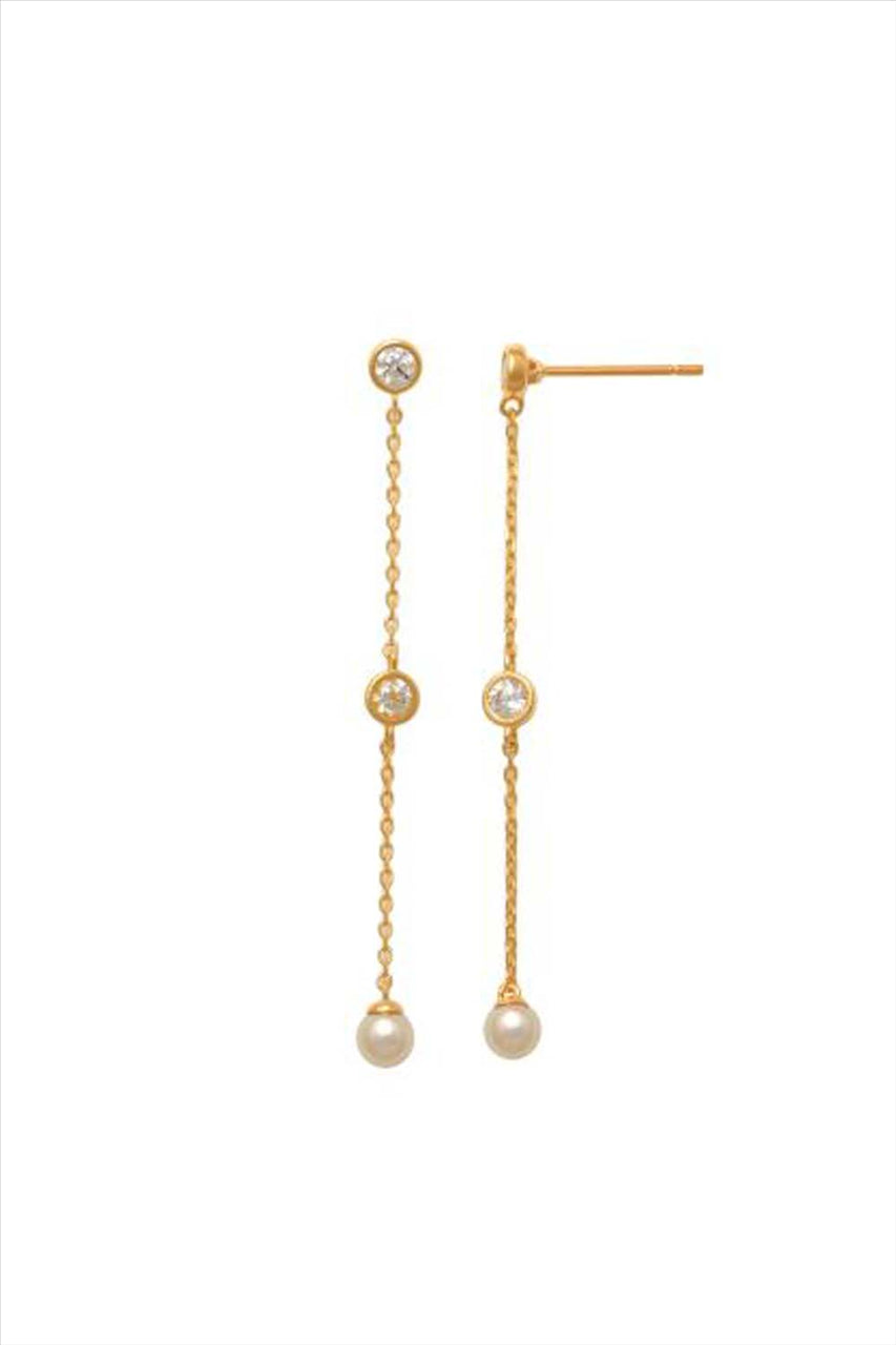 9k YG 4cm Drop Stud Earrings with CZ & Pearl